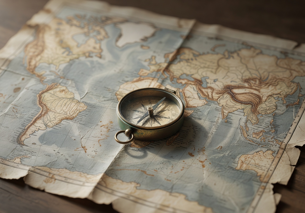 Compass resting on an old geographical map